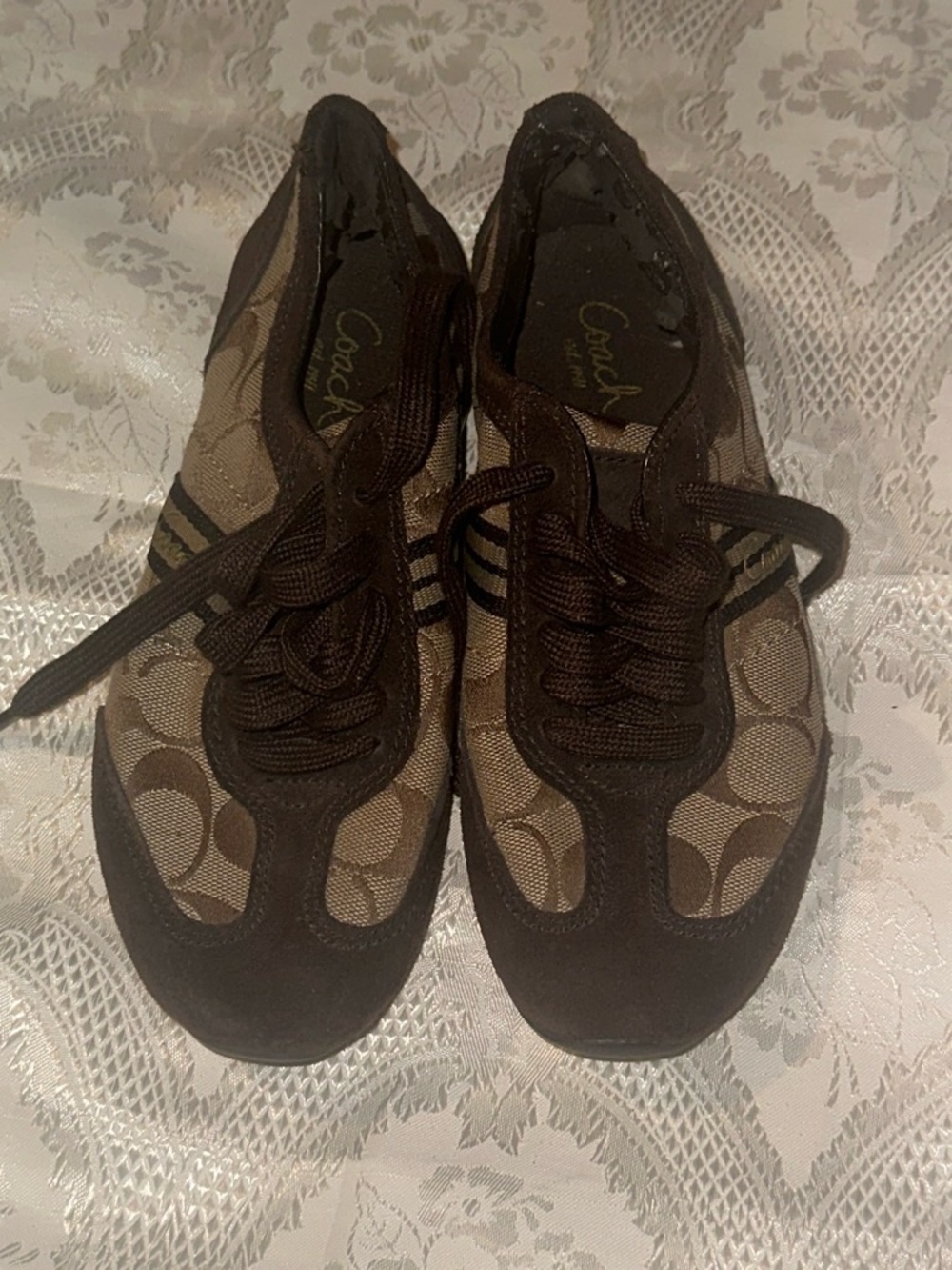 Coach Women’s Brown Signature Canvas and Suede Sneakers